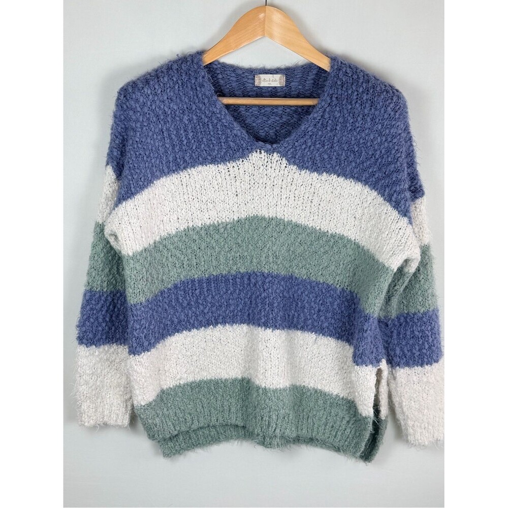 Altar’d State V Neck Striped Fuzzy Sweater Blue Green Cream Cozy Soft M/L